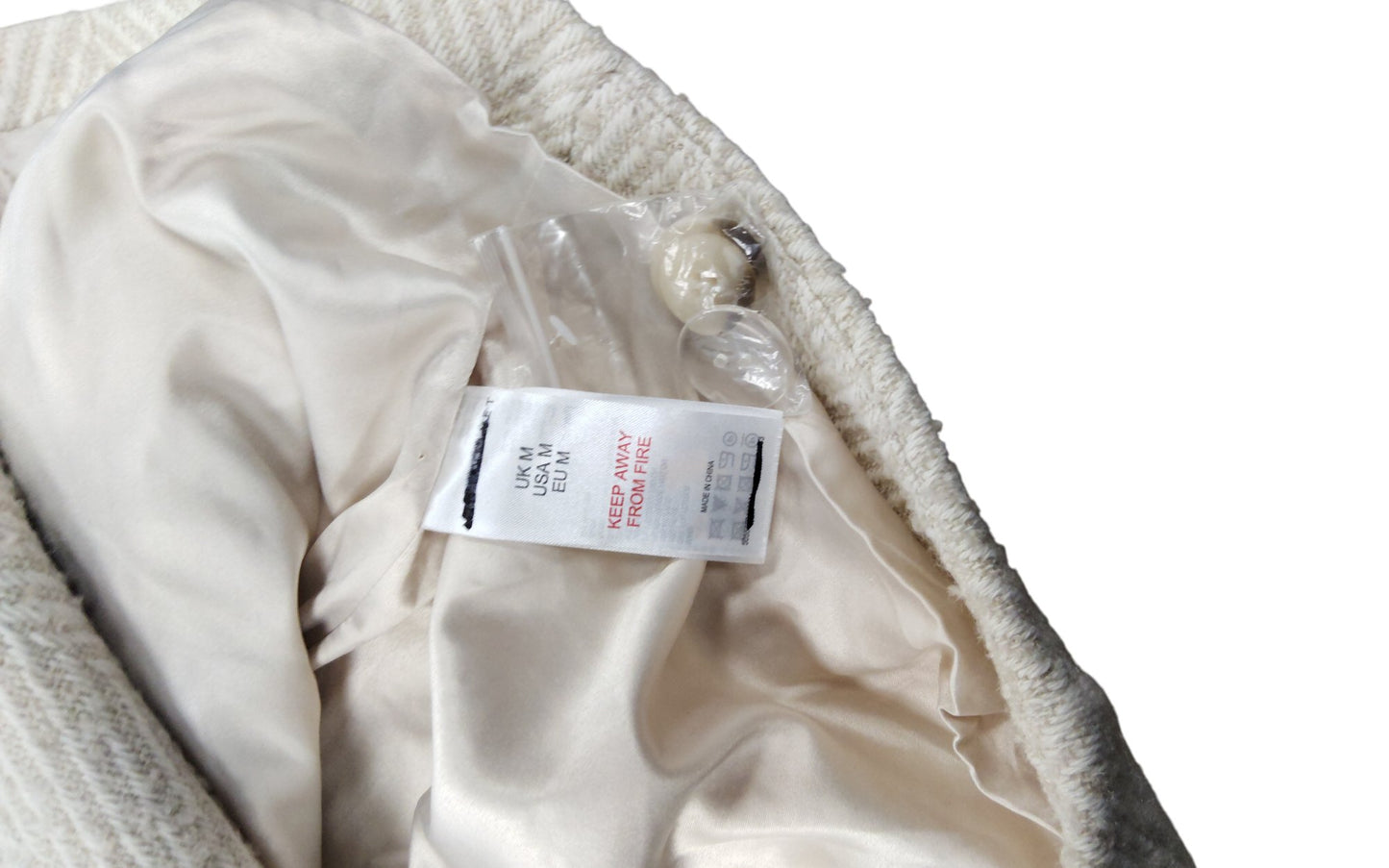 Women's Herringbone Coat Beigey White Single Breasted Size M