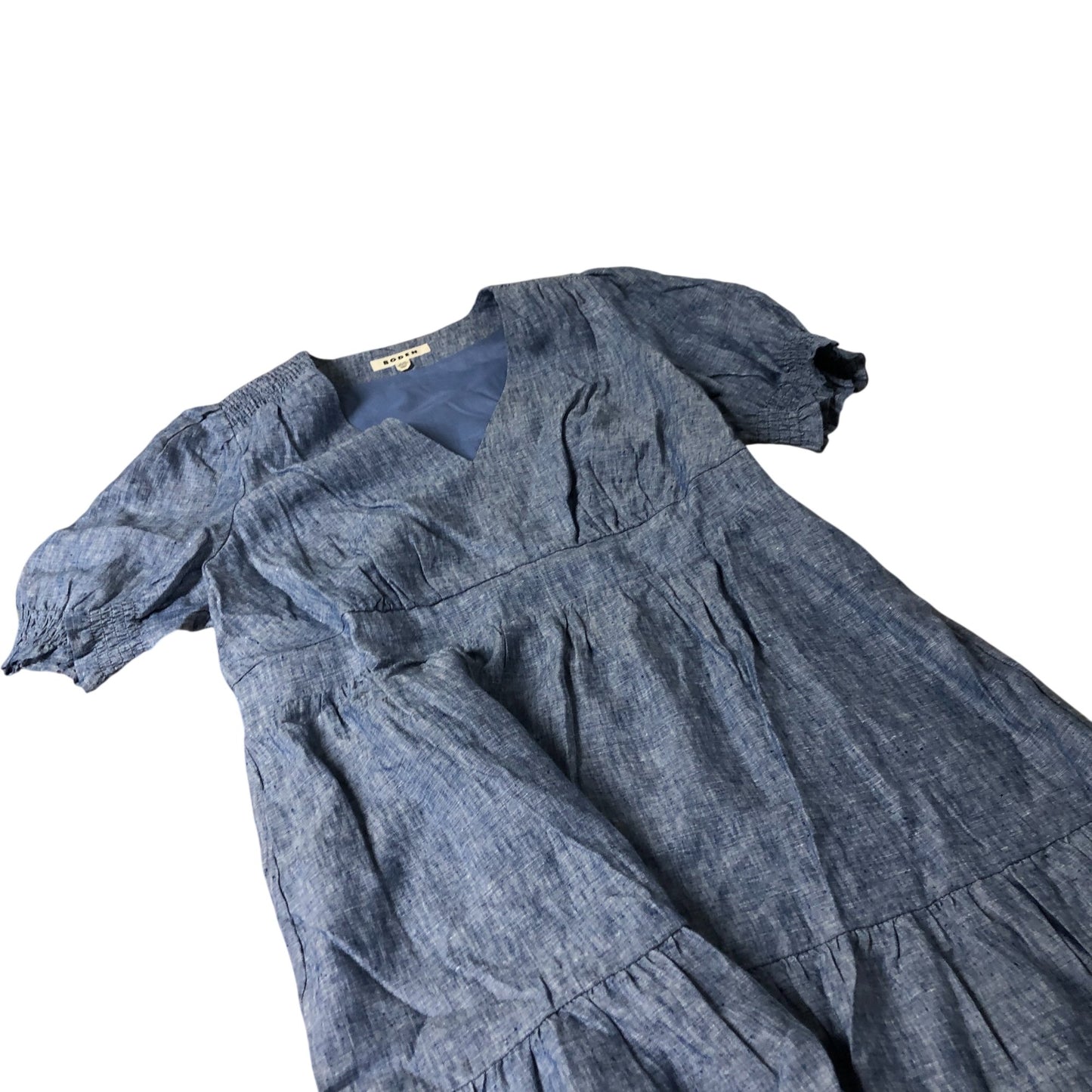 Boden Anna Linen Short Dress Women's Short Sleeve V Neck Blue UK22