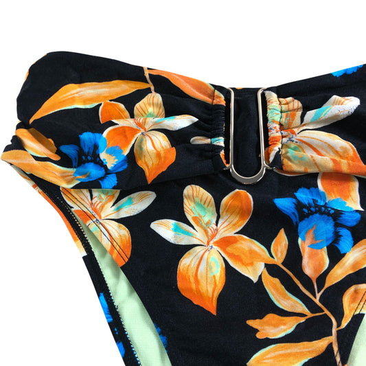 River Island Women's Floral Print High Waisted Bikini Briefs Black Orange Size 6