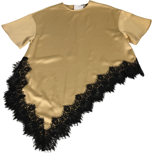 River Island UK12 Women's Lace Trim Top Gold Satin Short Sleeve Blouse