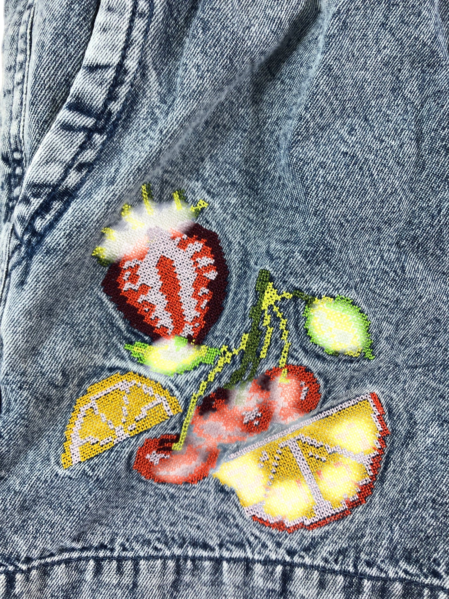 River Island Denim Shorts 9 to 10 Years Girls Fruit Embroidered Blue Cotton