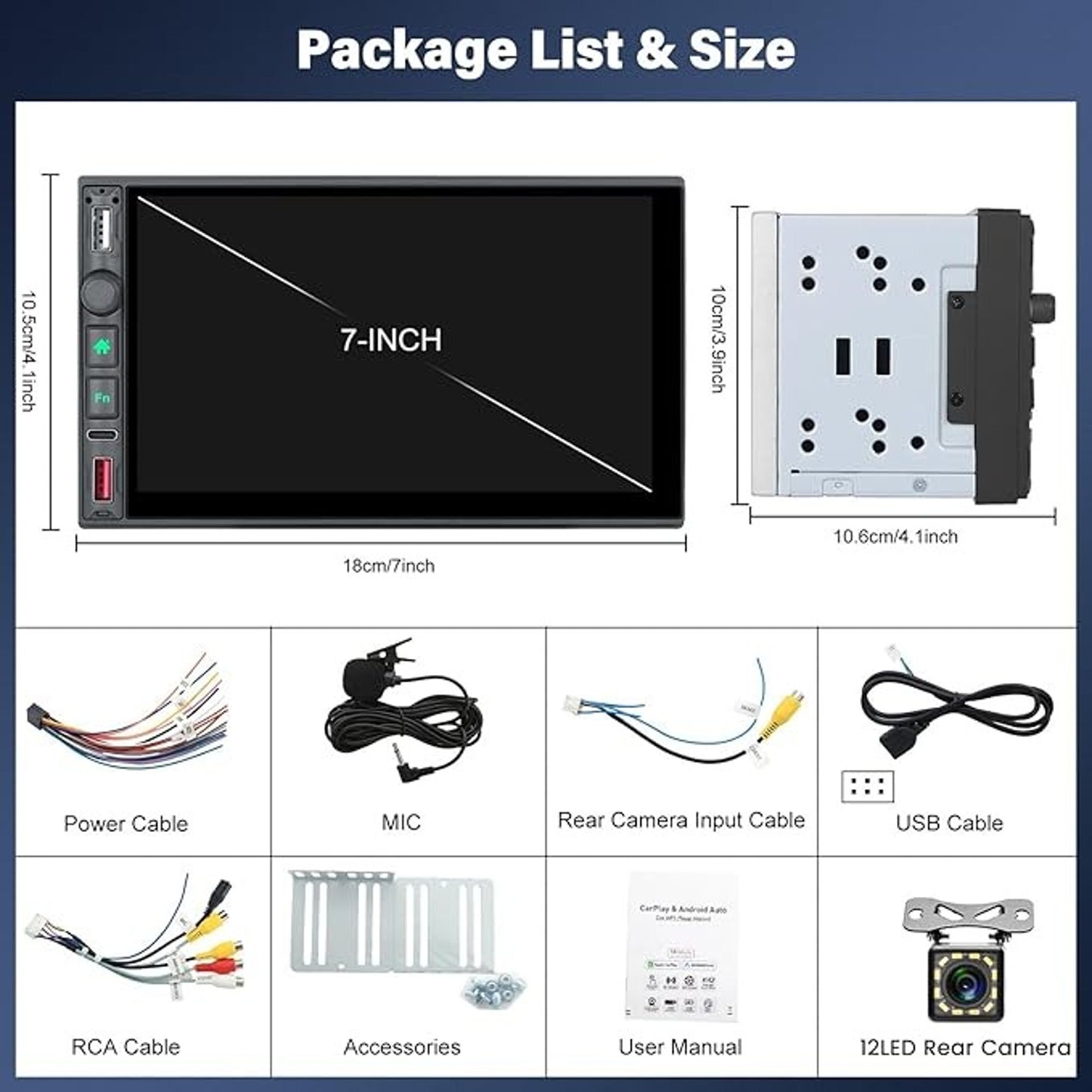 CAMECHO Double Din Wireless Car Stereo SWC Backup Camera Mic New 7"