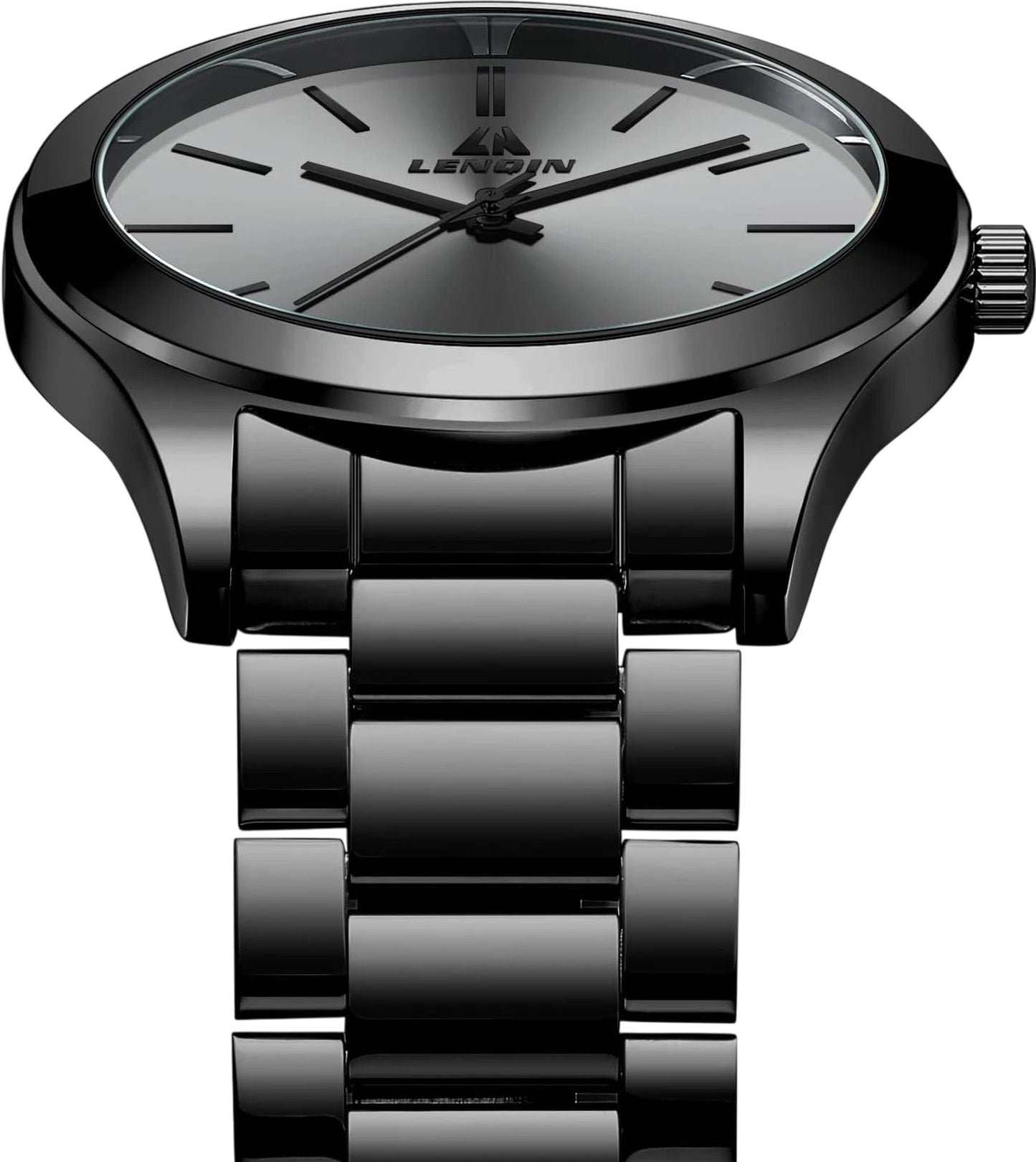LN LENQIN Black Stainless Steel Watch Modern Quartz Men's Sports Style Band