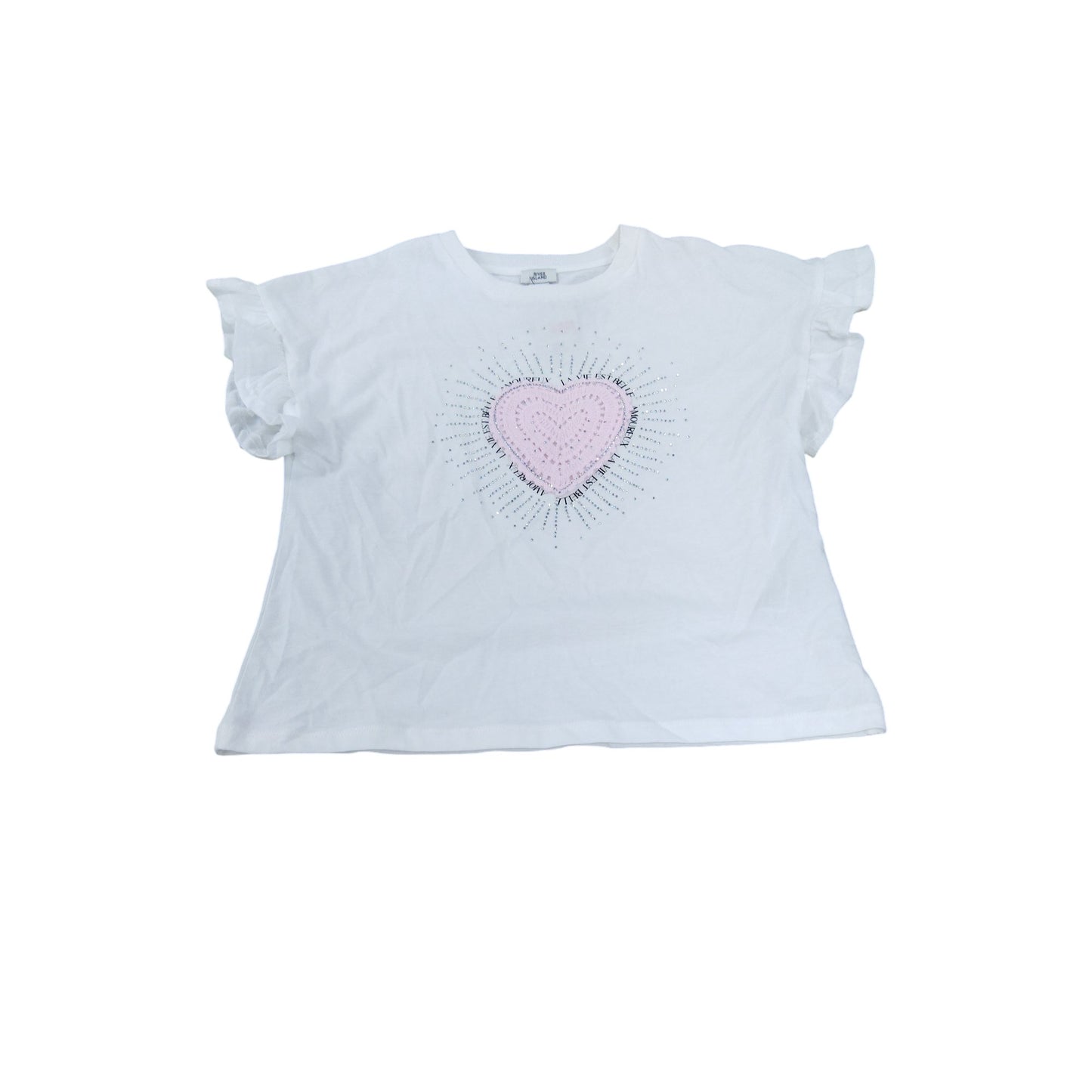 River Island Girls Top Size 9-10 White Heart Print Ruffled Sleeve T-Shirt