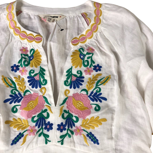 Embroidered Maxi Dress Size 14 Women's Floral White Linen Long Sleeve