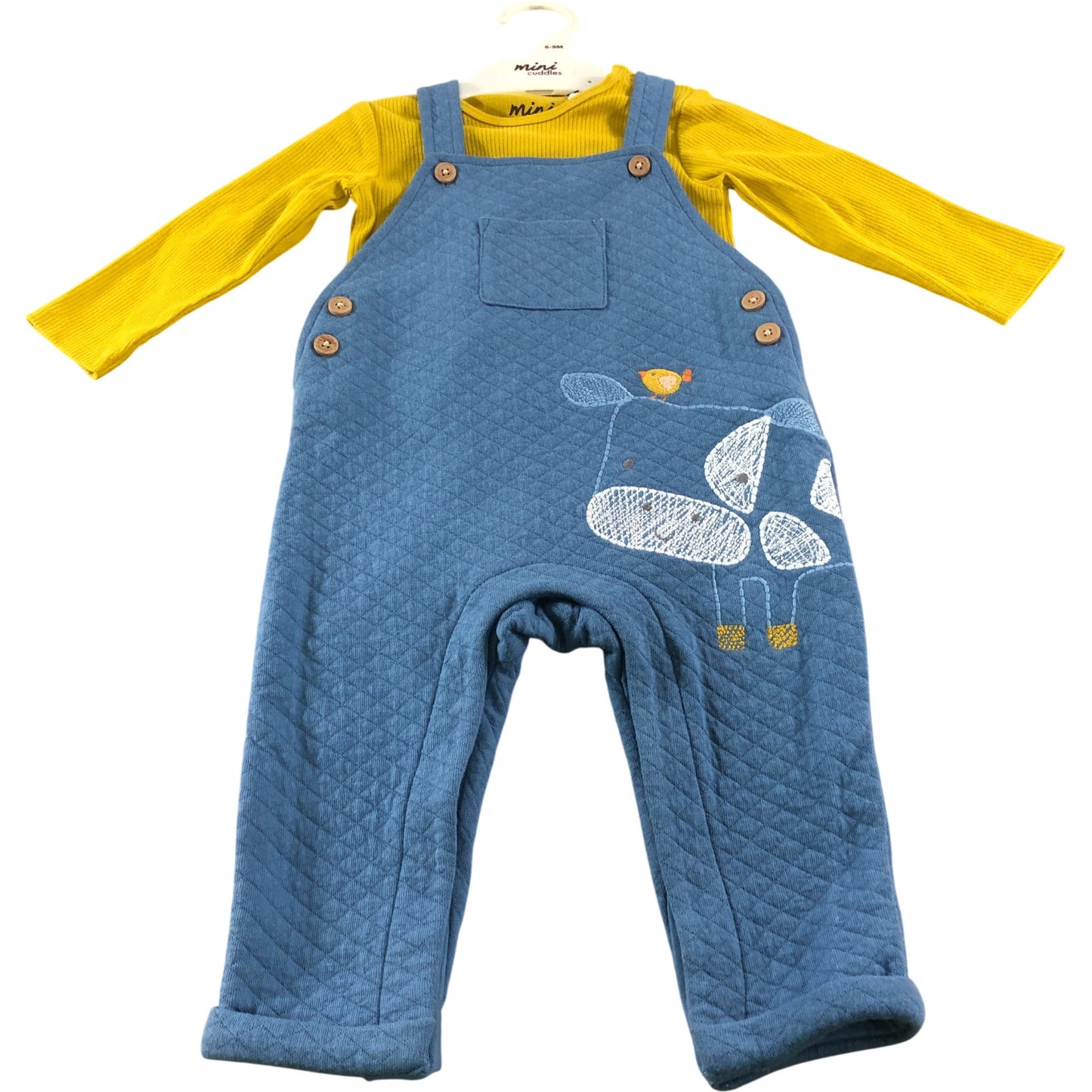 Mini Cuddles 6-9 Months Baby Overall Set Blue Quilted with Yellow Top