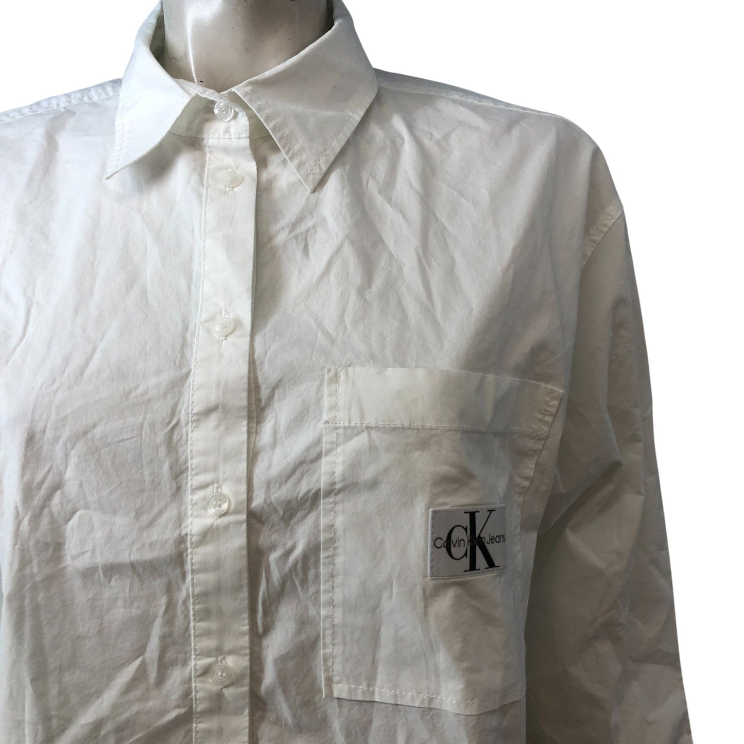 Calvin Klein Jeans Cropped Shirt M Women's White Long Sleeve Casual Cotton