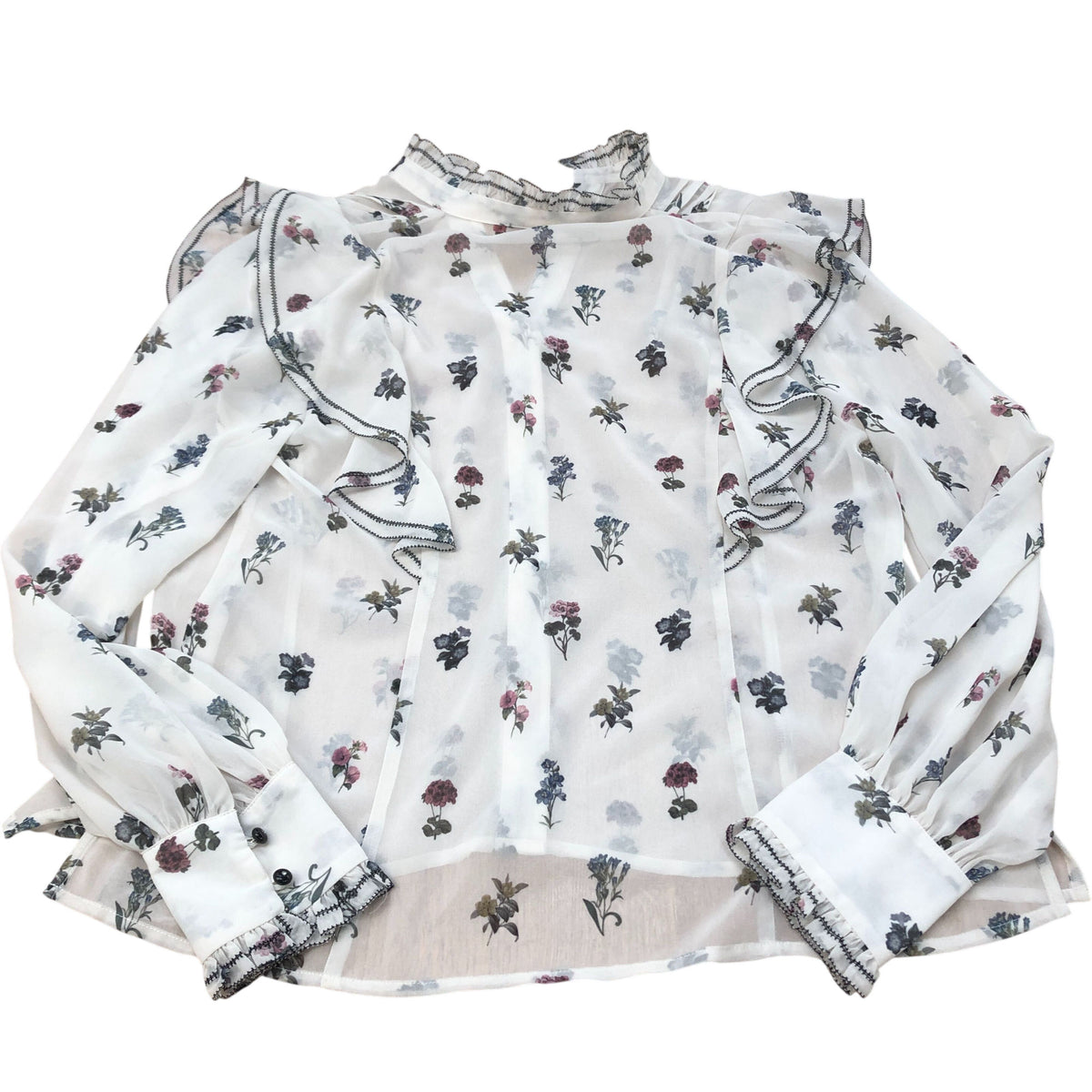 River Island Floral Blouse UK10 Women's Sheer Ruffle Long Sleeve White