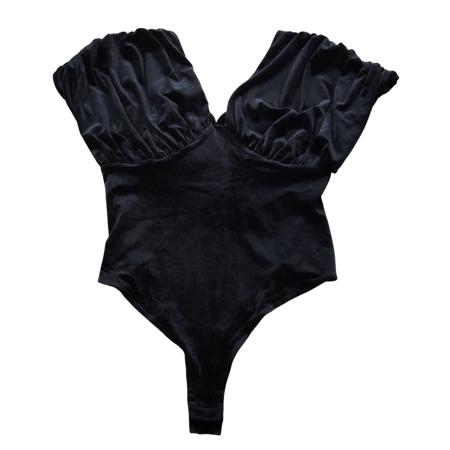 River Island Black Velvet Bodysuit UK12 Women's Low Back Puff Sleeve