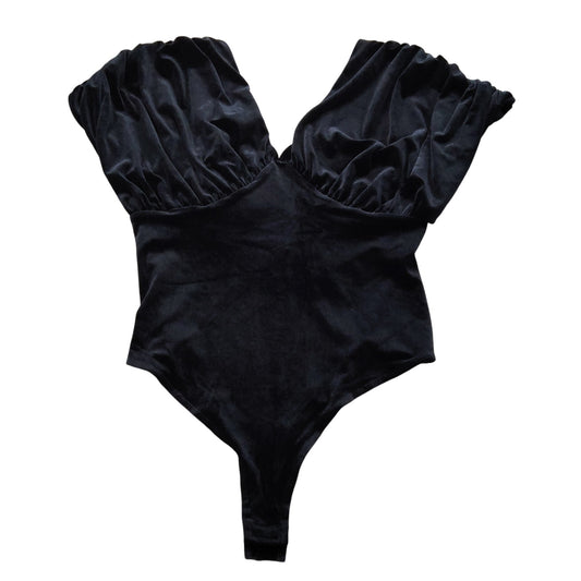 River Island Black Velvet Bodysuit UK12 Women's Low Back Puff Sleeve