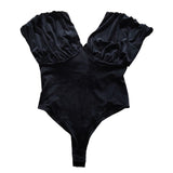 River Island Black Velvet Bodysuit UK12 Women's Low Back Puff Sleeve