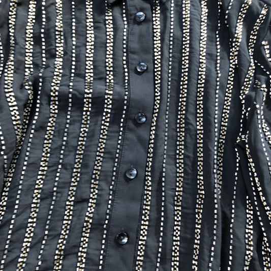 Sheer Black Button Up Blouse Size 10 Women's Metallic Striped Design