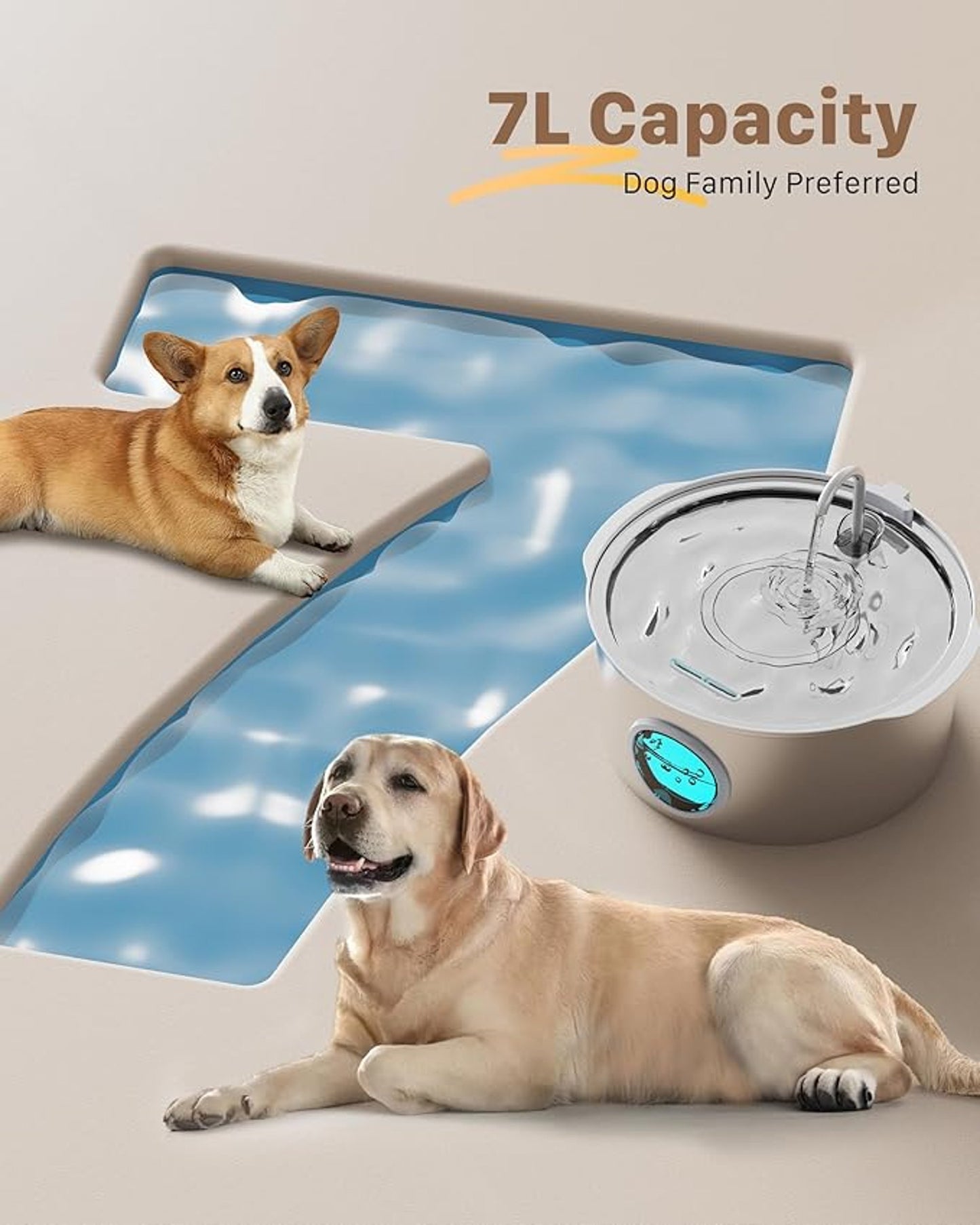 GROOKPET 7L Stainless Steel Dog Water Fountain BPA Free Deeper Drinking Area
