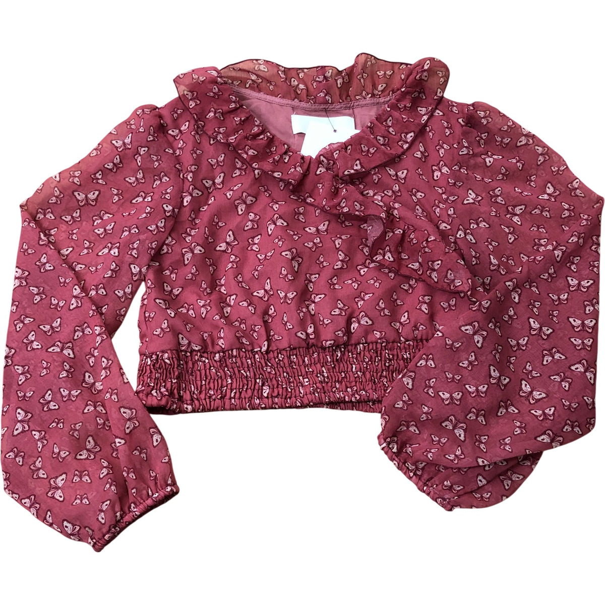 Zara Girls 9-10 Years Floral Ruffle Top Smocked Waist Long Sleeve Red