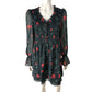 Floral Smock Dress Women's Long Sleeve UK Size 10 Black Green Red Flowers