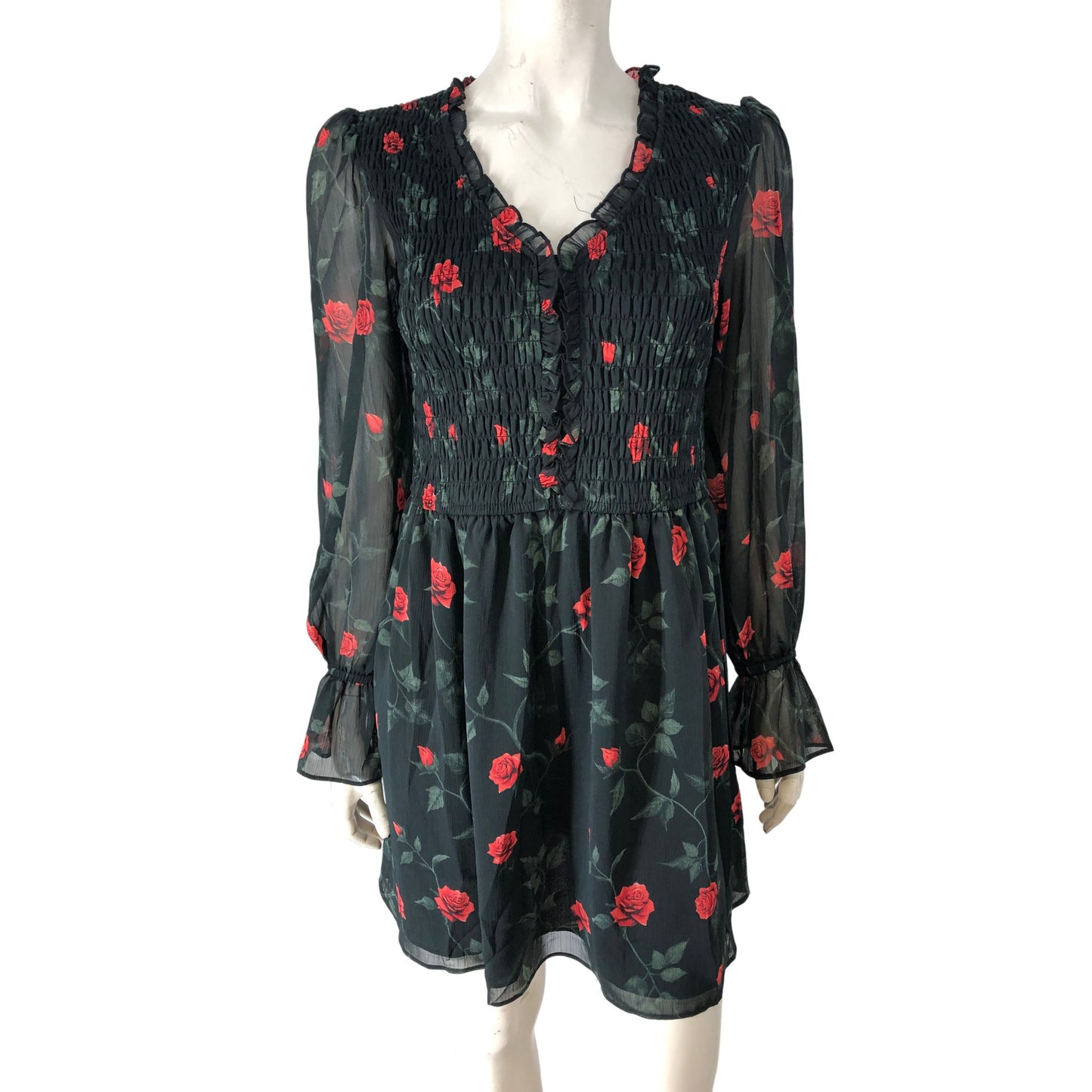 Floral Smock Dress Women's Long Sleeve UK Size 10 Black Green Red Flowers