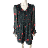 Floral Smock Dress Women's Long Sleeve UK Size 10 Black Green Red Flowers