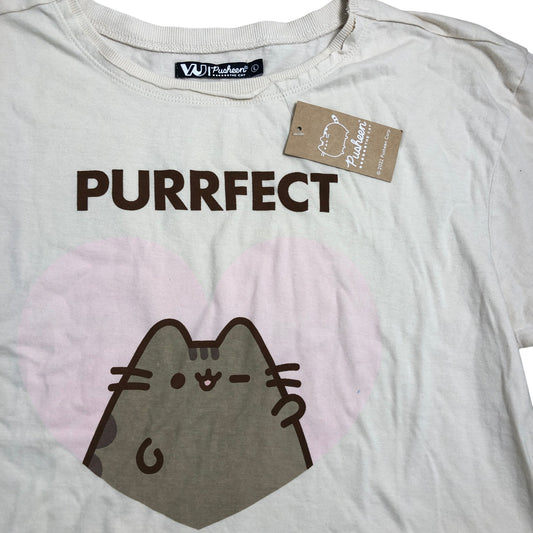 VU Pusheen Cat T Shirt Size L Women's Casual Cropped Cream Graphic Tee