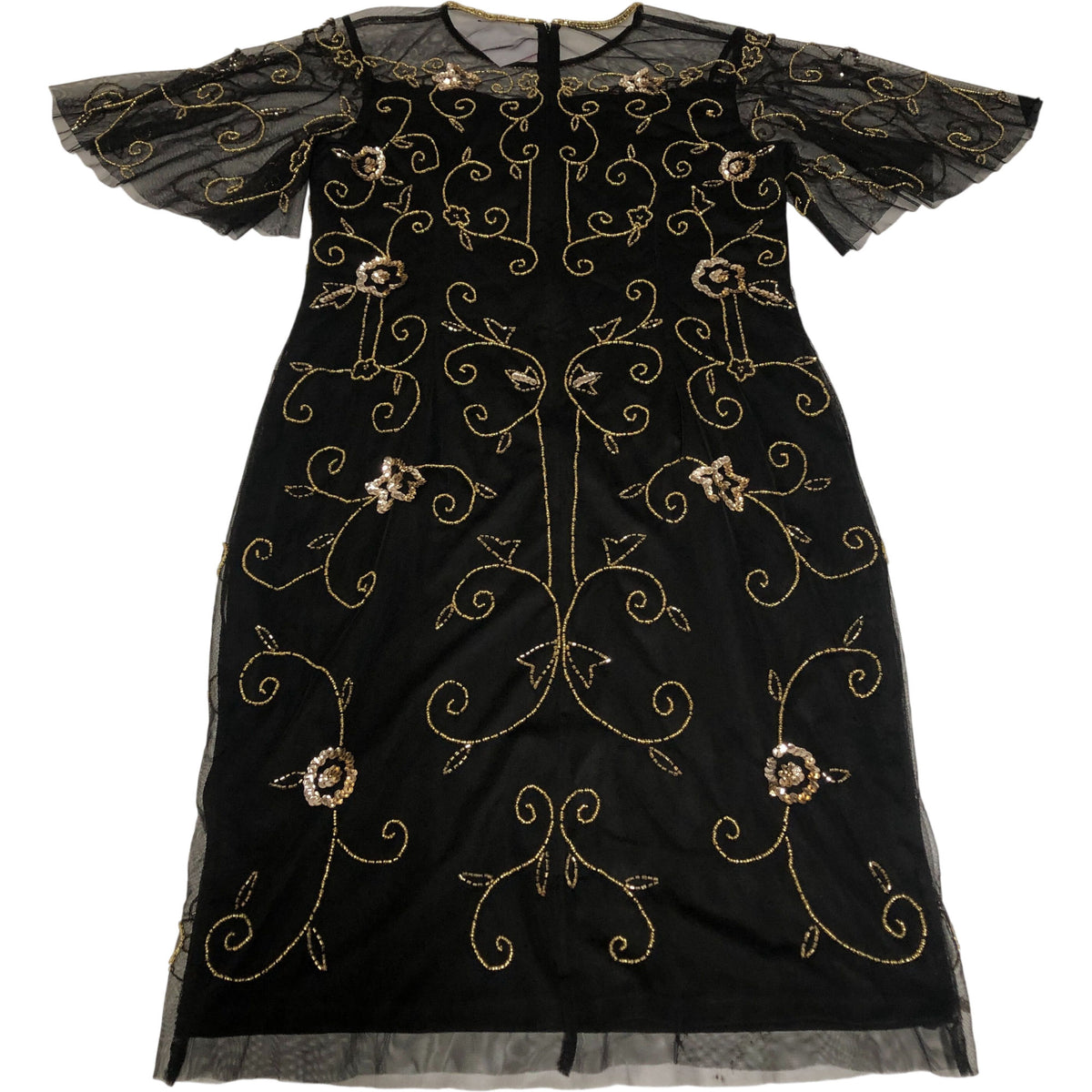 Women's Black Floral Beaded Embroidered Dress Short Sleeve UK14