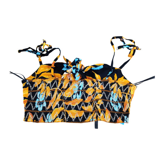 River Island Women's Floral Print Crop Top UK M Tie Straps Black Orange Beach