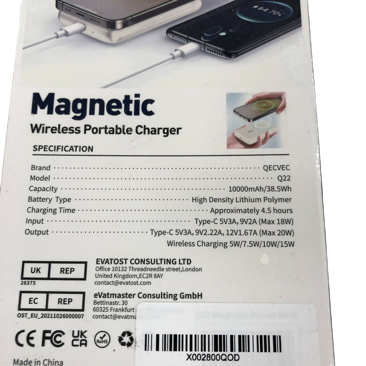 QECVEC Q22 10000mAh Magnetic Wireless Power Bank Portable Charger 15W