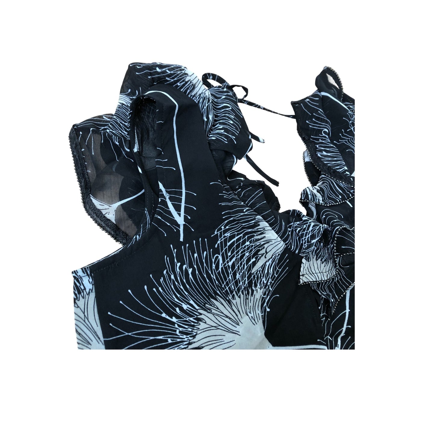 Branded Floral Print Blouse Women's Ruffled Sleeve Black White UK Size 8