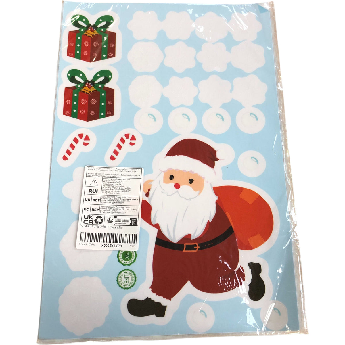 Decorative Christmas Window Clings Santa Gifts Candy Canes Snowflakes 9 Sheets