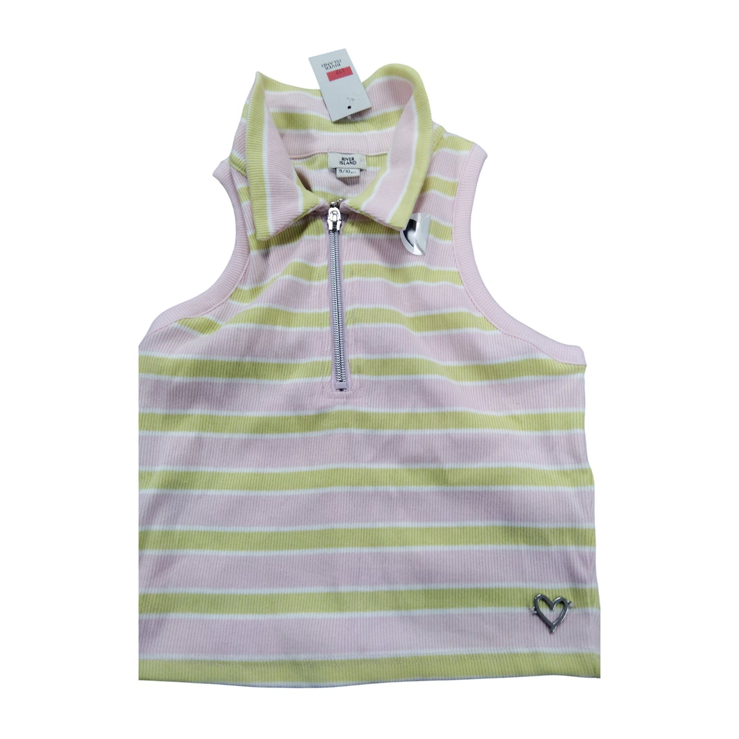 River Island Girls Sleeveless Polo Top 9 10 Years Pink Yellow Striped