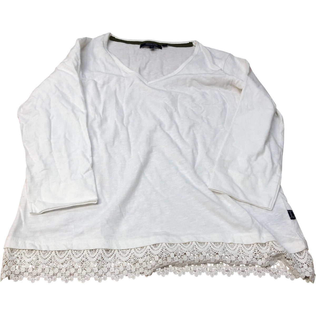 Weird Fish Dusty White V Neck Top Women's Organic Cotton Lace Trim Size 14