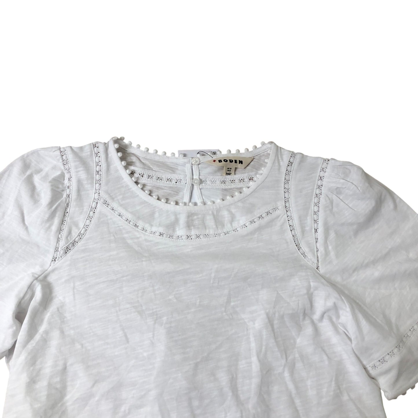 Boden Women's White Cotton Blouse Sleeve Pom Pom Detail UK10