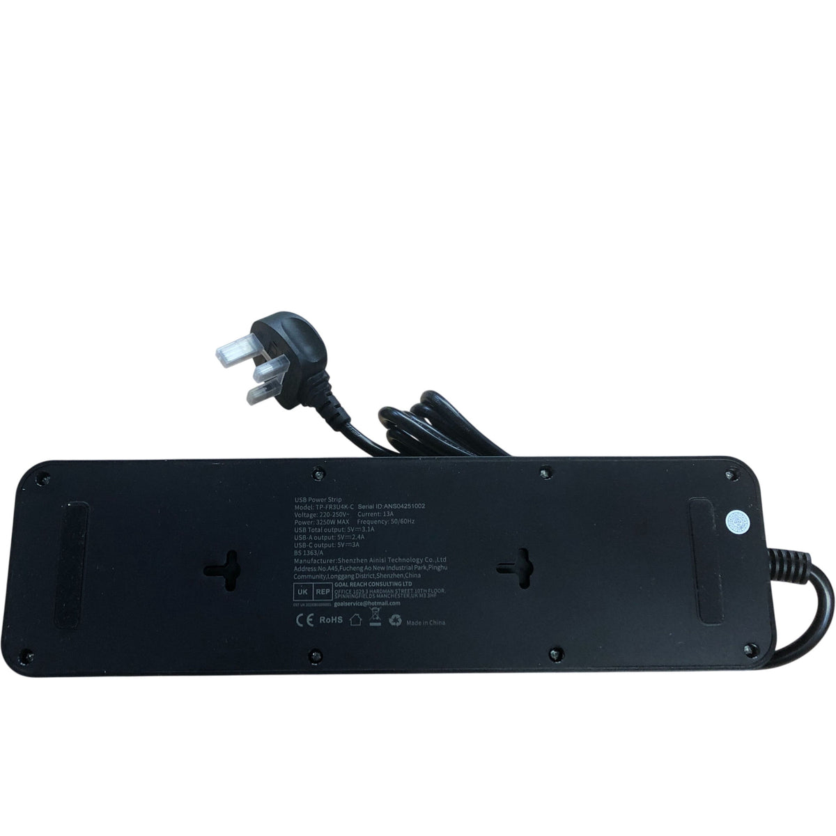Toprek USB Power Strip 4 Outlets 2 USB-A Ports 1 USB-C Black 13A 3250W