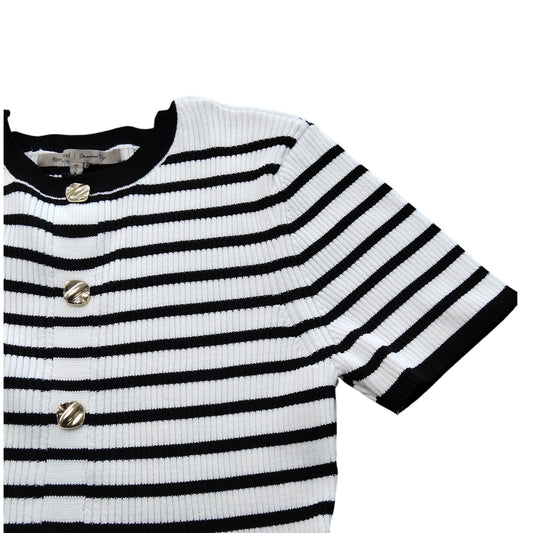 Striped Midi Dress With Belt UK L Women's Black White Knit Flared Skirt