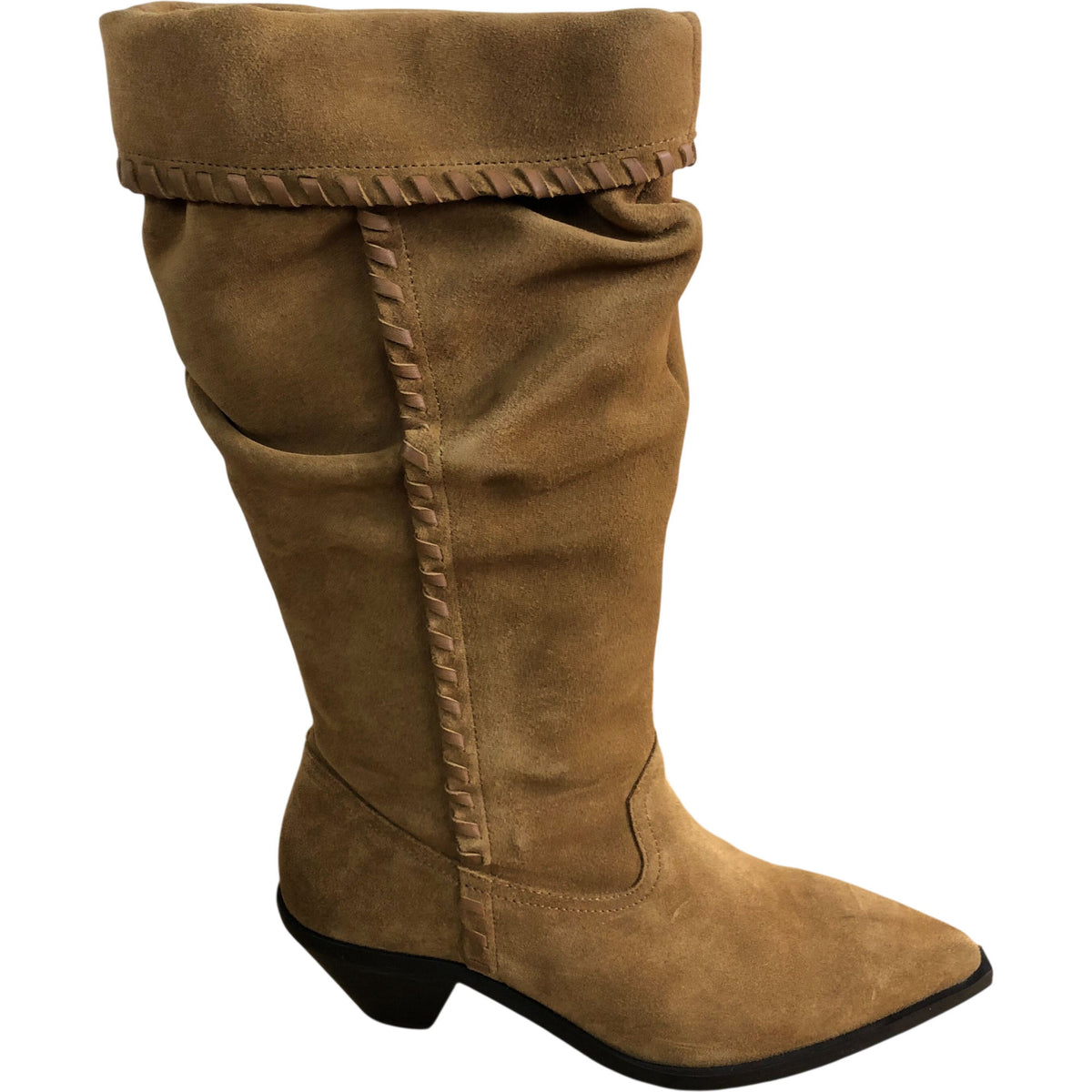 Isabelle Whipstitch Calf Boots Women's Tan Suede Pointed Heels