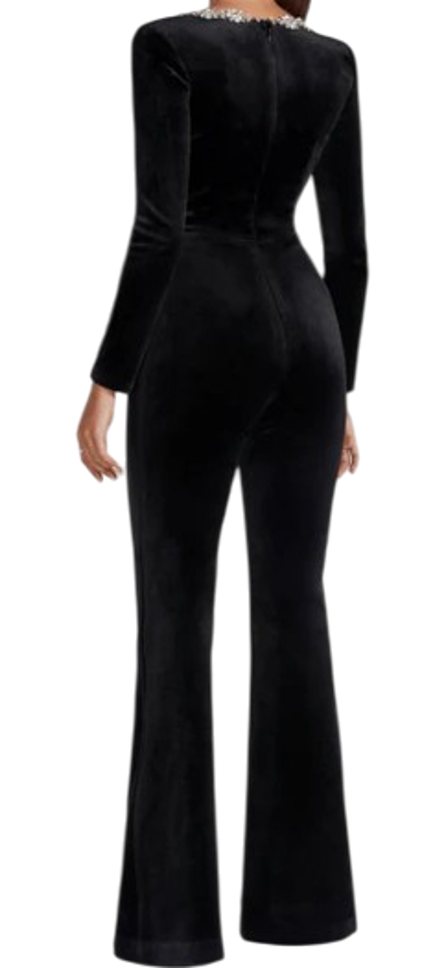 Nadine Merabi Velvet Black Jumpsuit Women's Long Sleeve Embellished Size 18