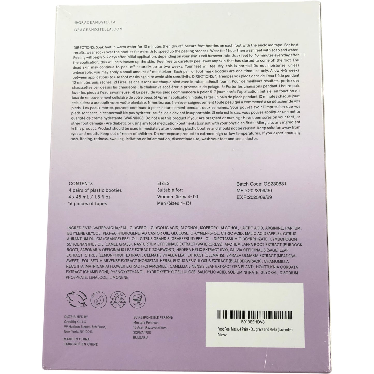 GRACE & STELLA Dr Pedicure Foot Mask 4 Pairs Exfoliating Lavender Vegan