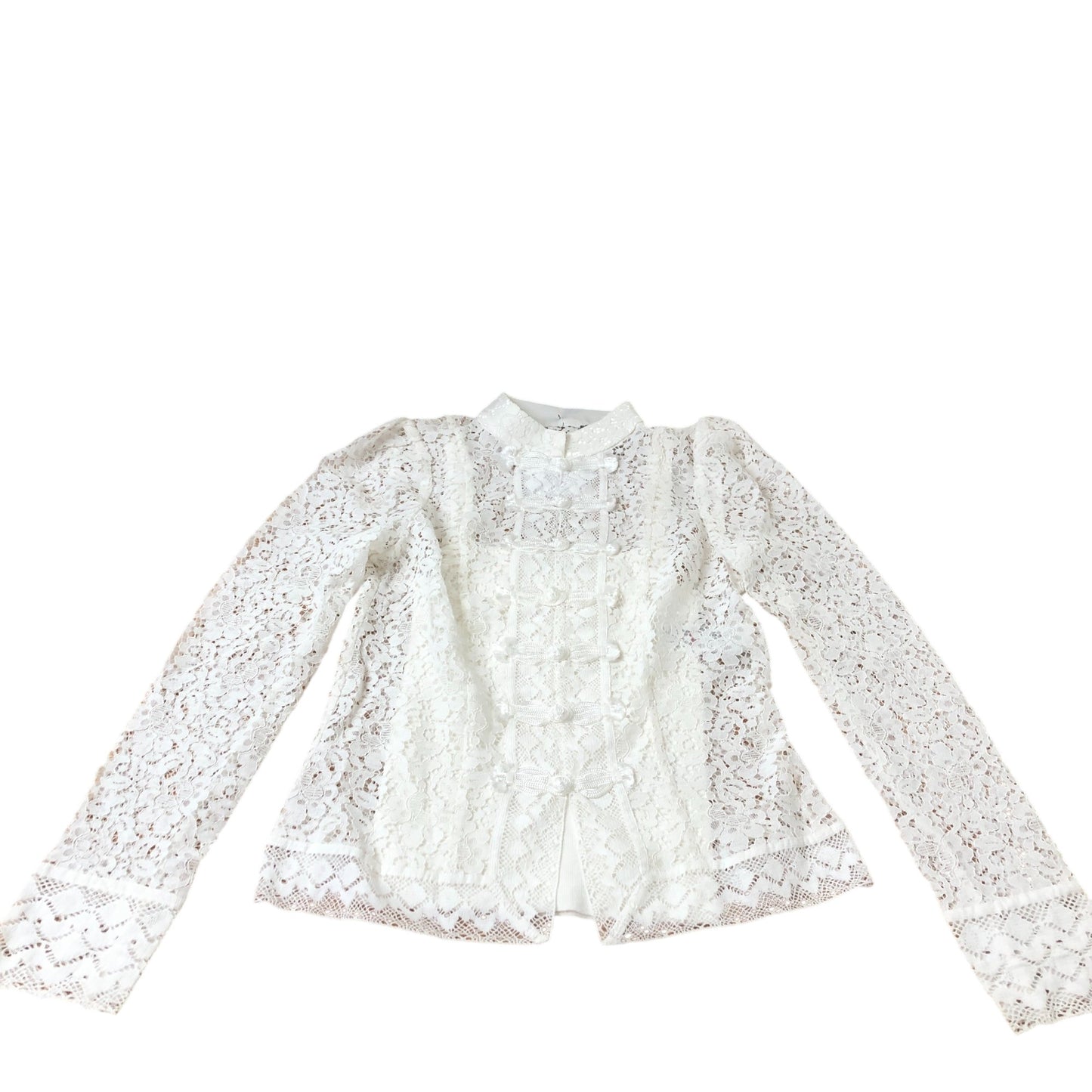 Branded White Lace Blouse Women's Long Sleeve High Neck Button Front Size 8