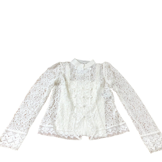 Branded White Lace Blouse Women's Long Sleeve High Neck Button Front Size 8