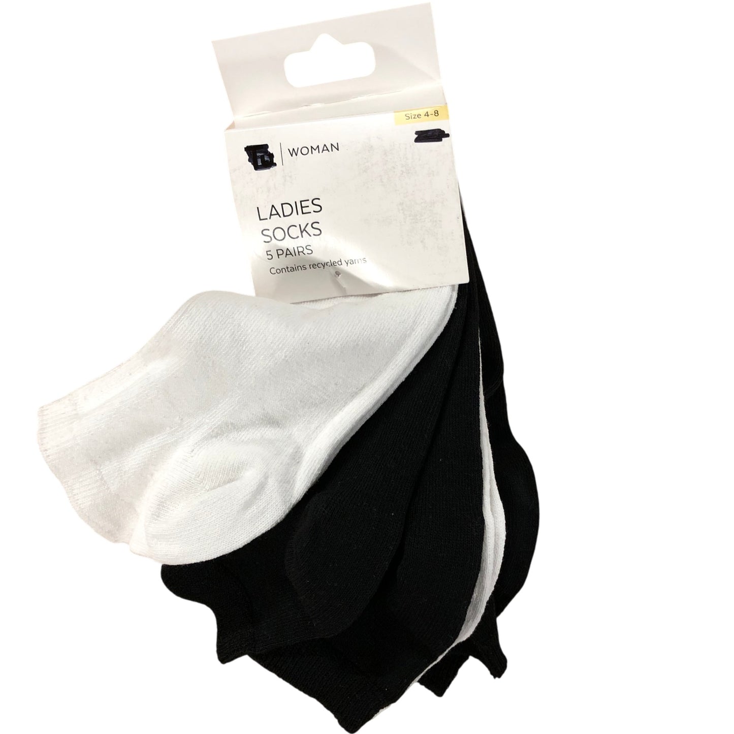 Ladies Socks 5 Pairs Size 4-8 Women's Recycled Cotton Blend Black White