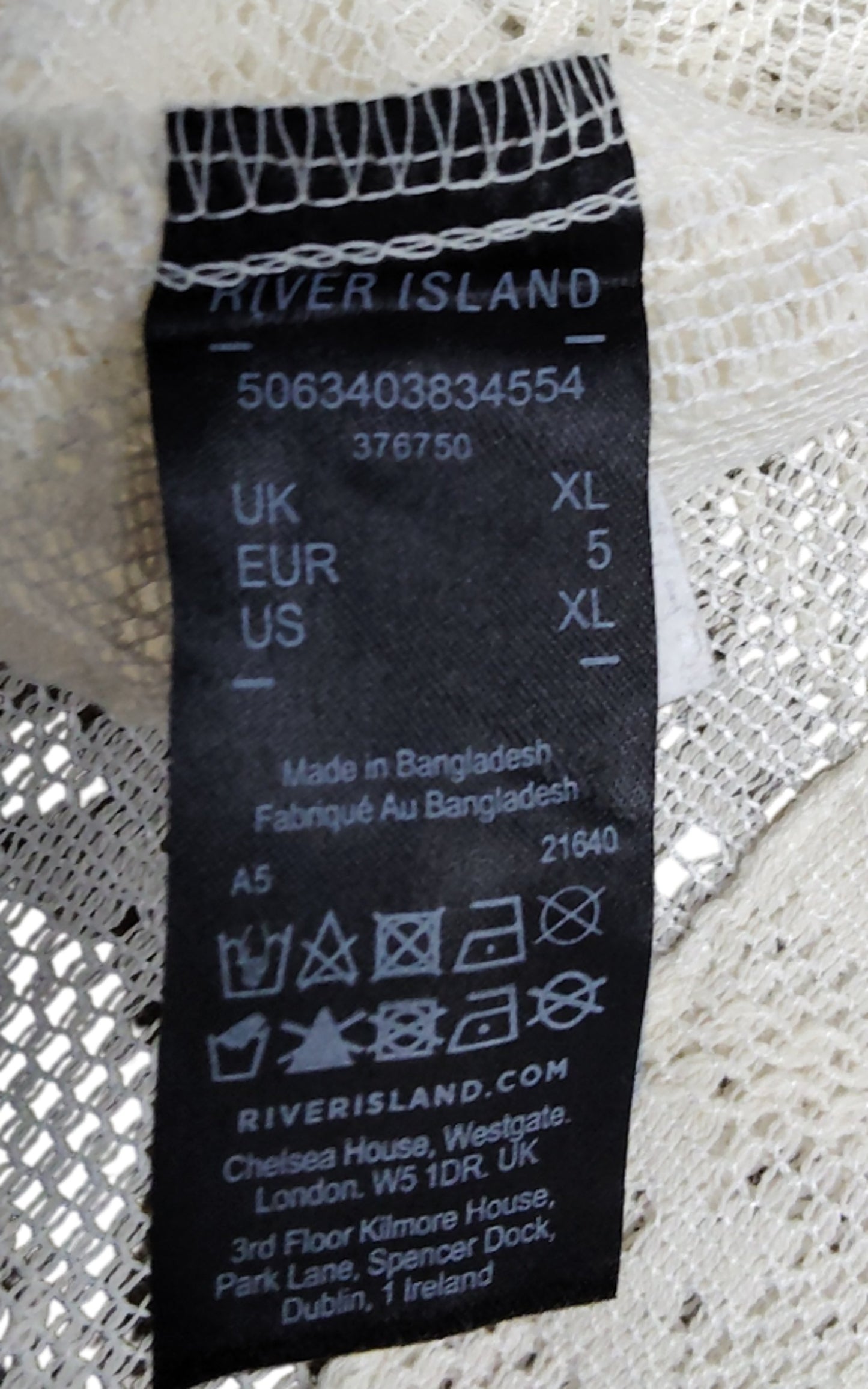 River Island Short Sleeve Lace Shirt XL Men's Cream Summer Casual Top