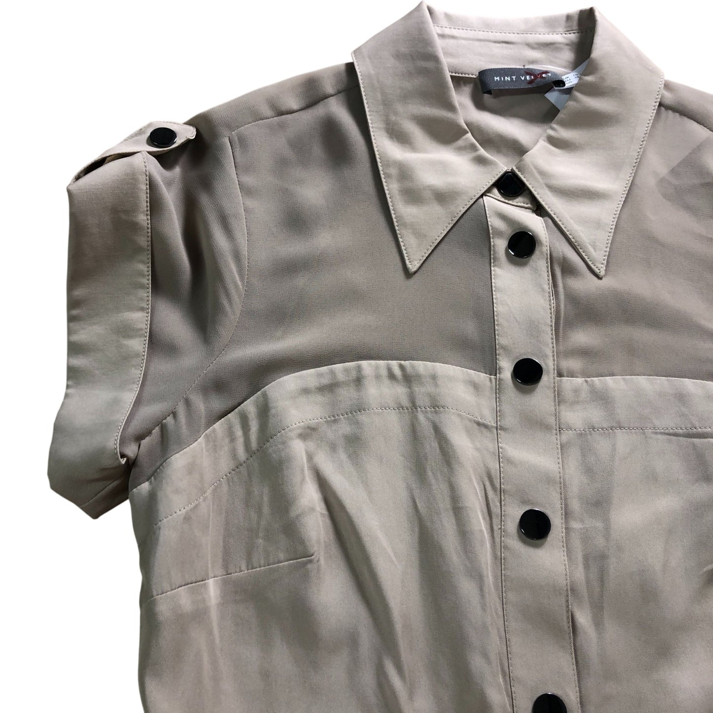 Shirt Dress UK10 Women's Khaki Short Sleeve Button Up
