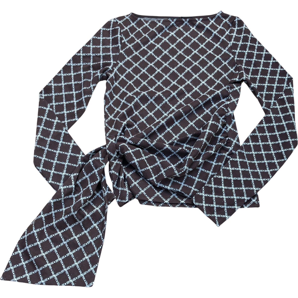 River Island Long Sleeve Wrap Top Size Brown Diamond Pattern