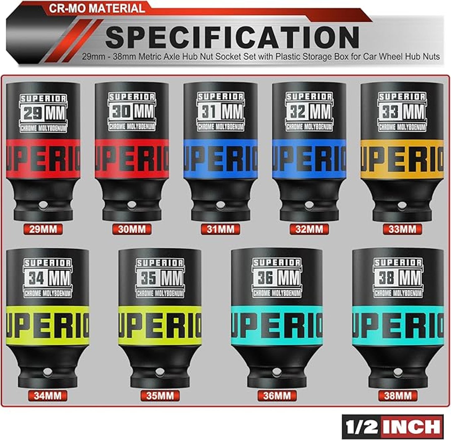 KIRXST 1/2 Inch Impact Socket Set, 29mm - 38mm Metric Axle Hub Nut Socket Set