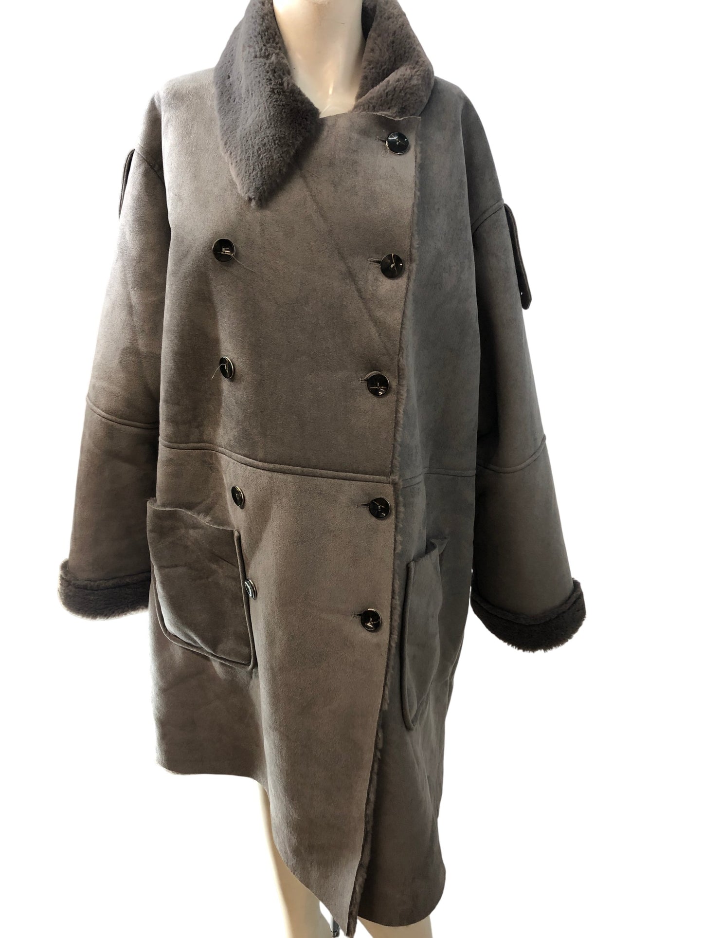 Stylish Grey Faux Suede Overcoat Women's Size 20 Double Breasted Jacket