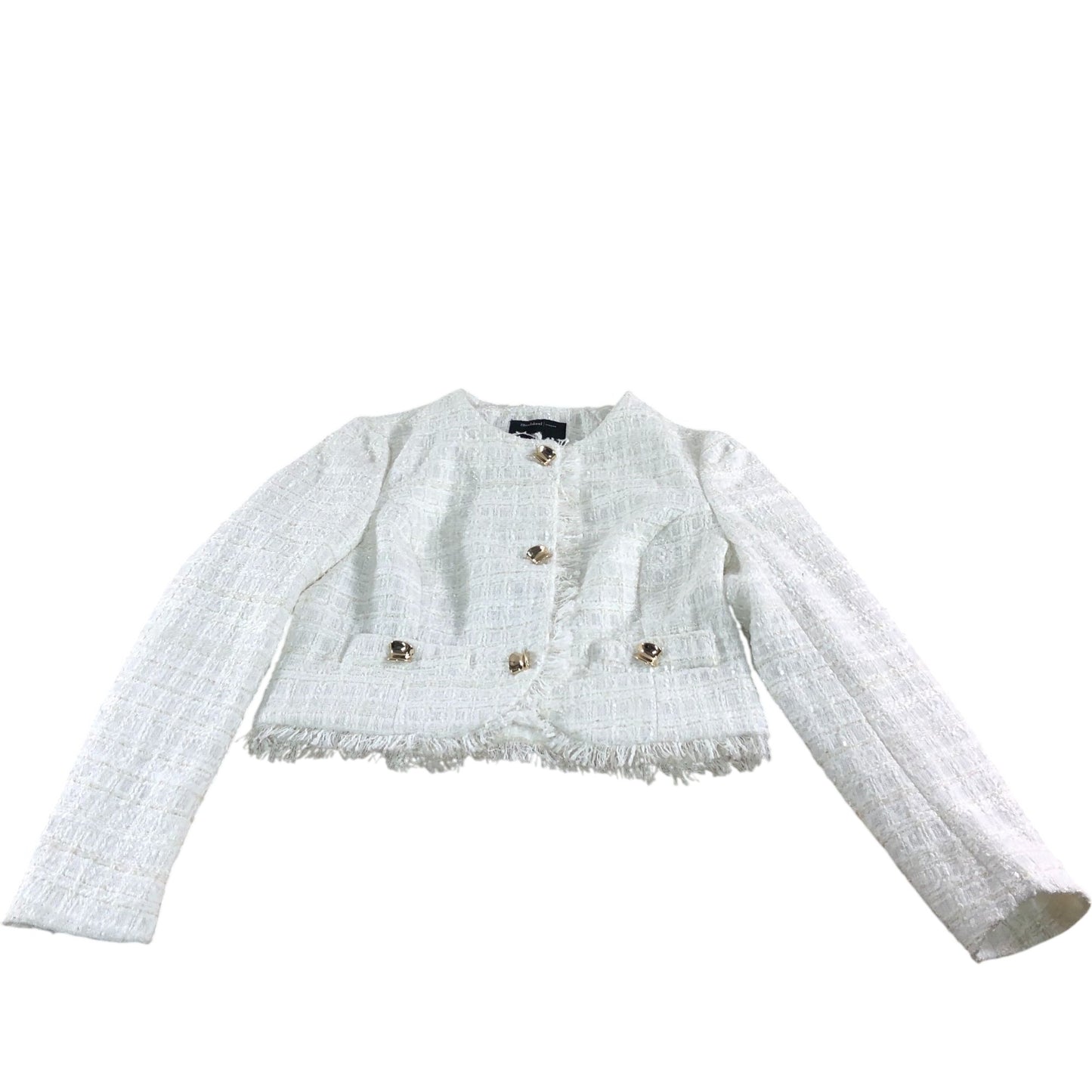 River Island Womens Cropped Jacket UK6 White Textured Tweed With Gold Buttons