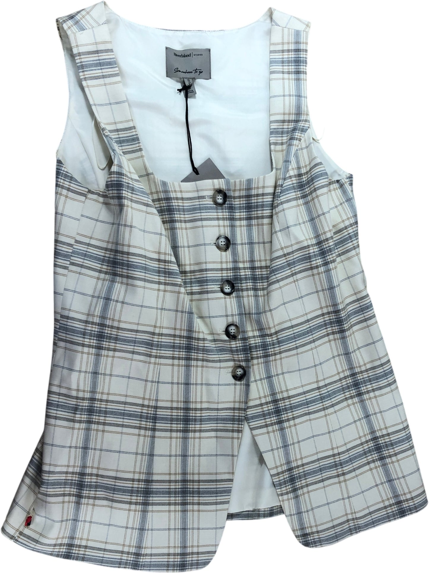 River Island Studios Checked Vest Top UK12 Women's Sleeveless Plaid Beige