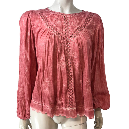 River Island Pink Long Sleeve Blouse UK18 Women's Embroidered Cotton