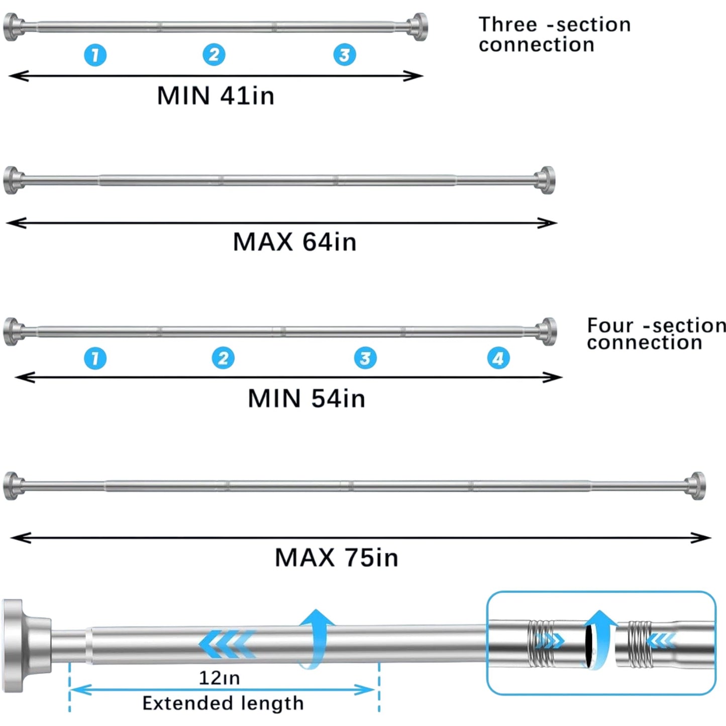 AIZESI Expandable Shower Curtain Rod 41-75in Double Spring Stainless Steel
