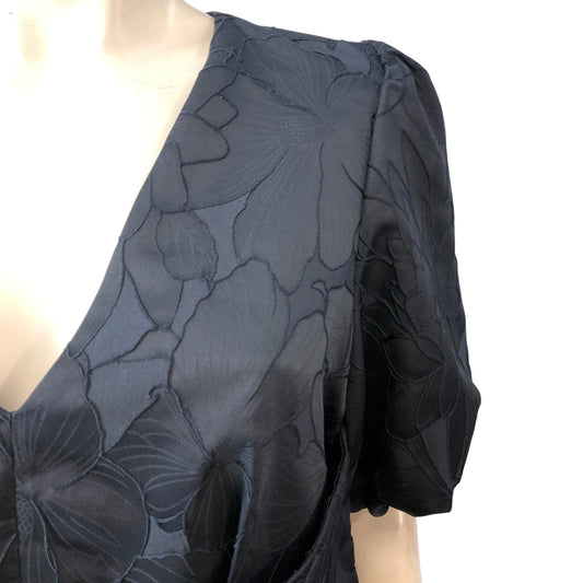Branded Navy Floral Puff Sleeve Blouse UK12 Women's V Neck Top Semi Sheer