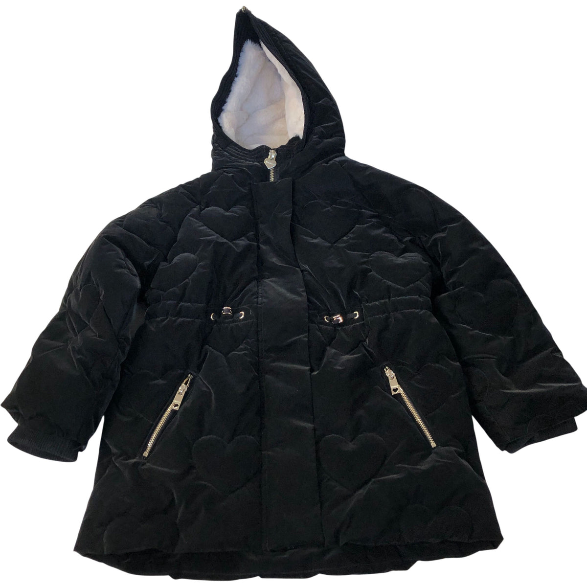 River Island Puffer Jacket Women's Black Heart Quilted Warm Hooded 5-6 Years