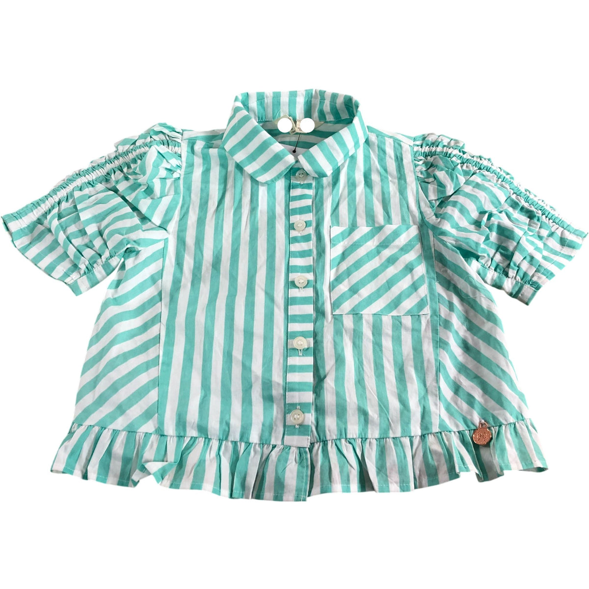 Girls Short Sleeve Striped Shirt Size 6Years Green And White Cotton